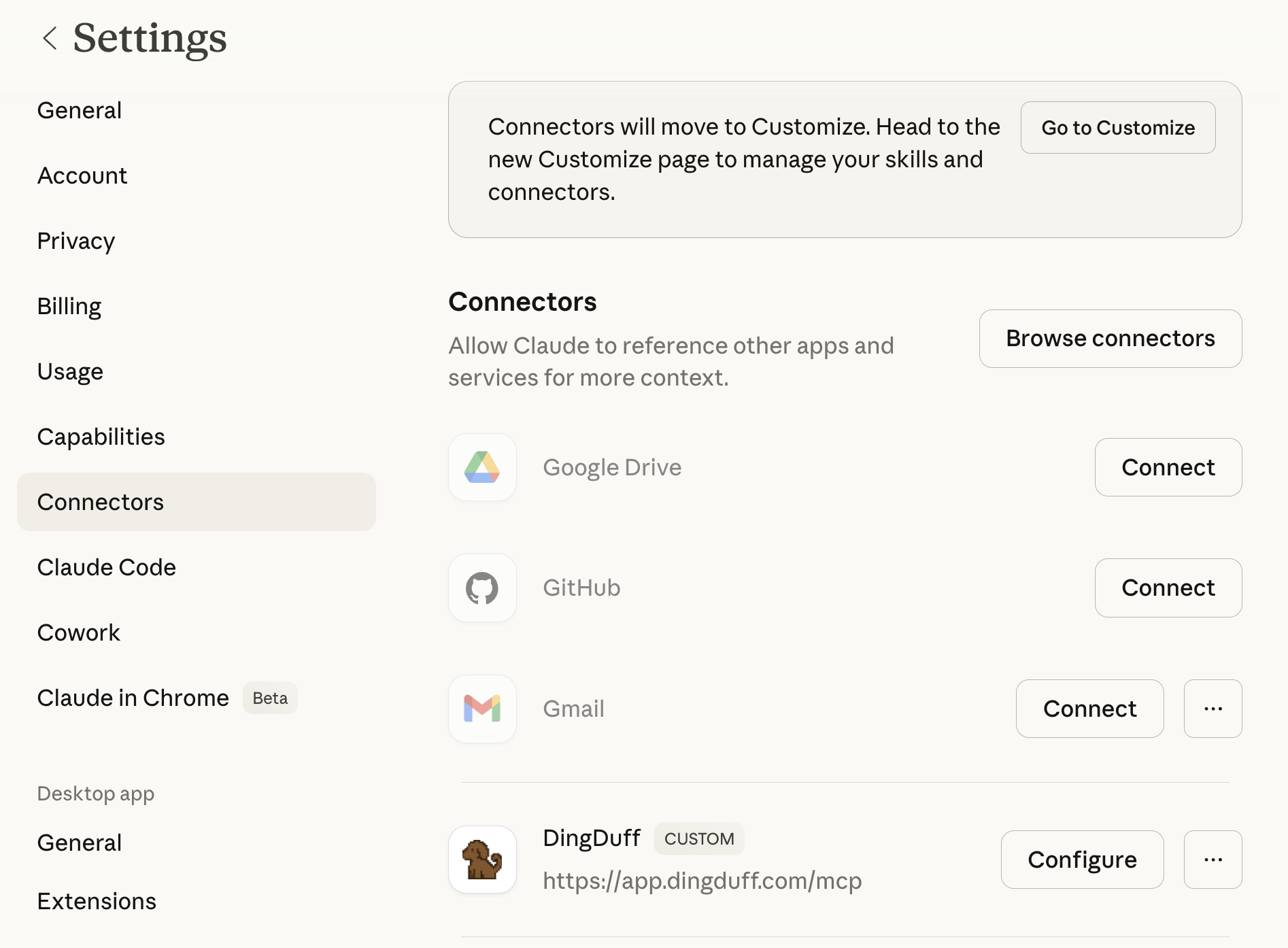 DingDuff connector active in Claude Settings