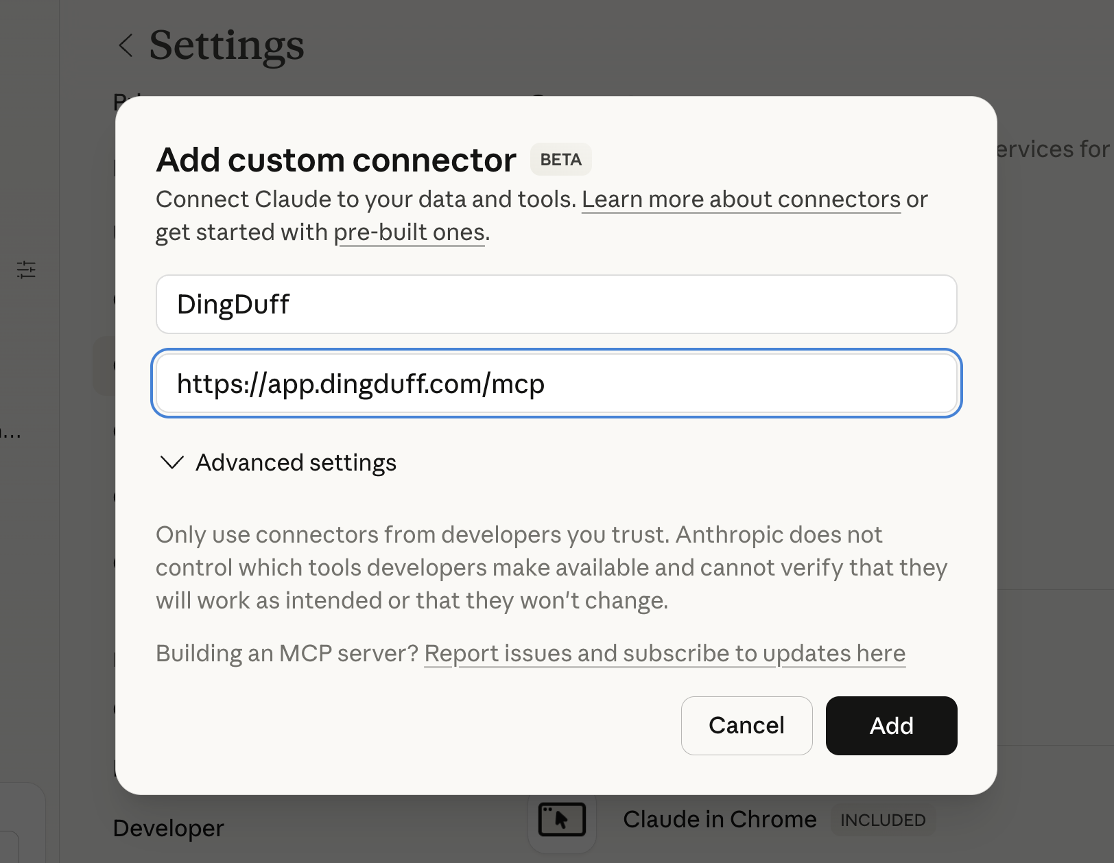 Add custom connector dialog