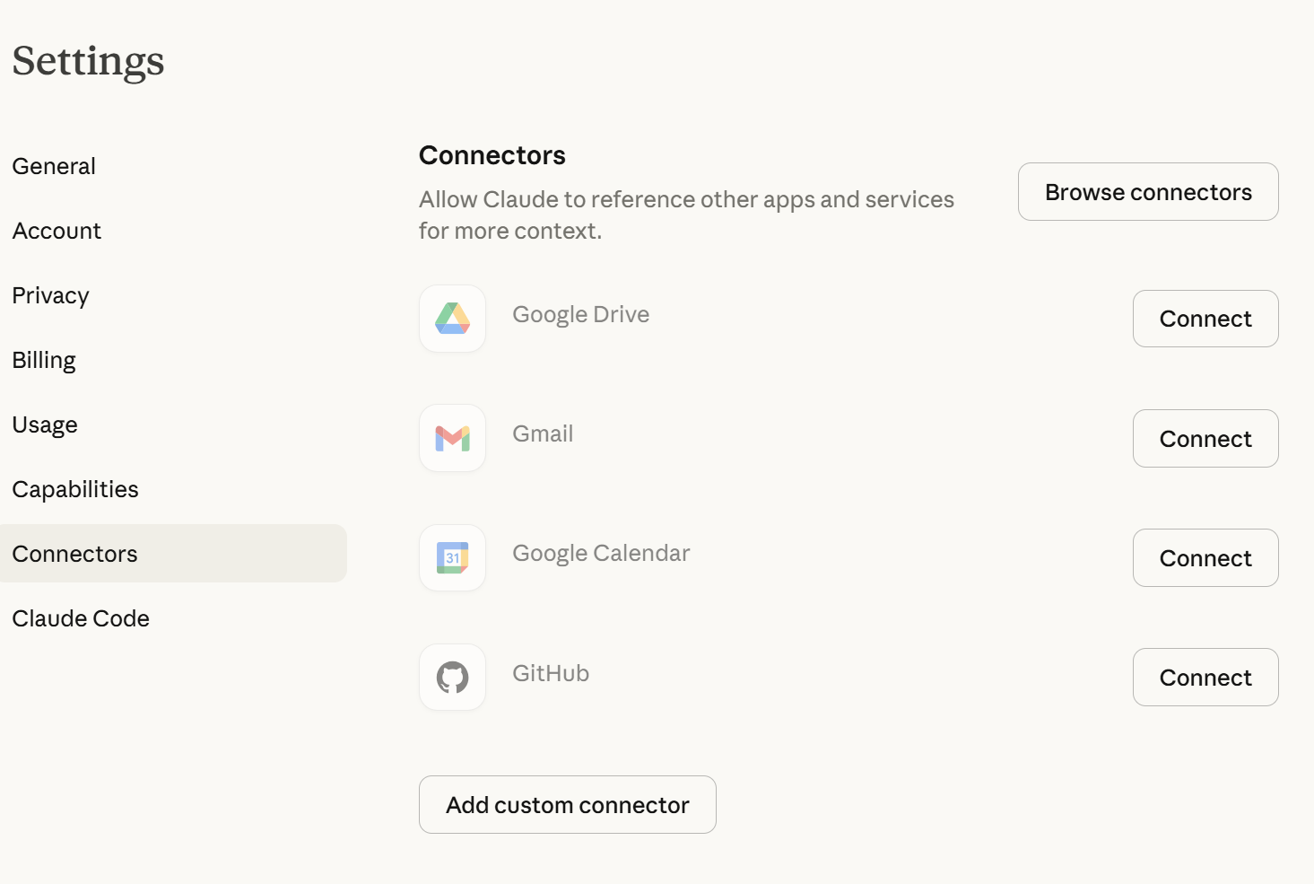 Claude Settings — Connectors tab