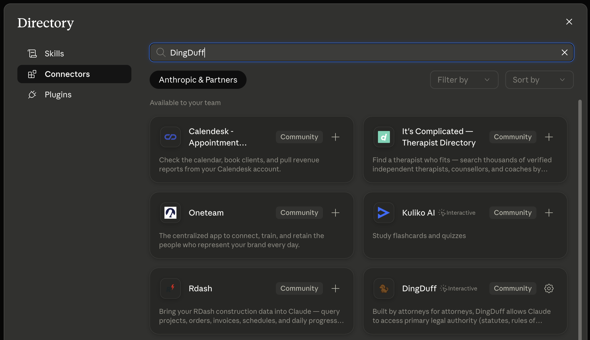 Claude's connector directory with DingDuff found by search
